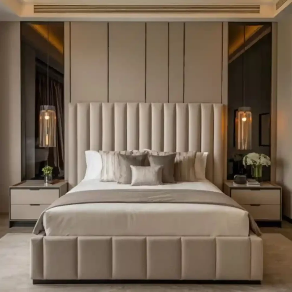 Modern bedroom with upholstered bed, tufted headboard, mirrored panels, pendant lights, and neutral decor — elegant design