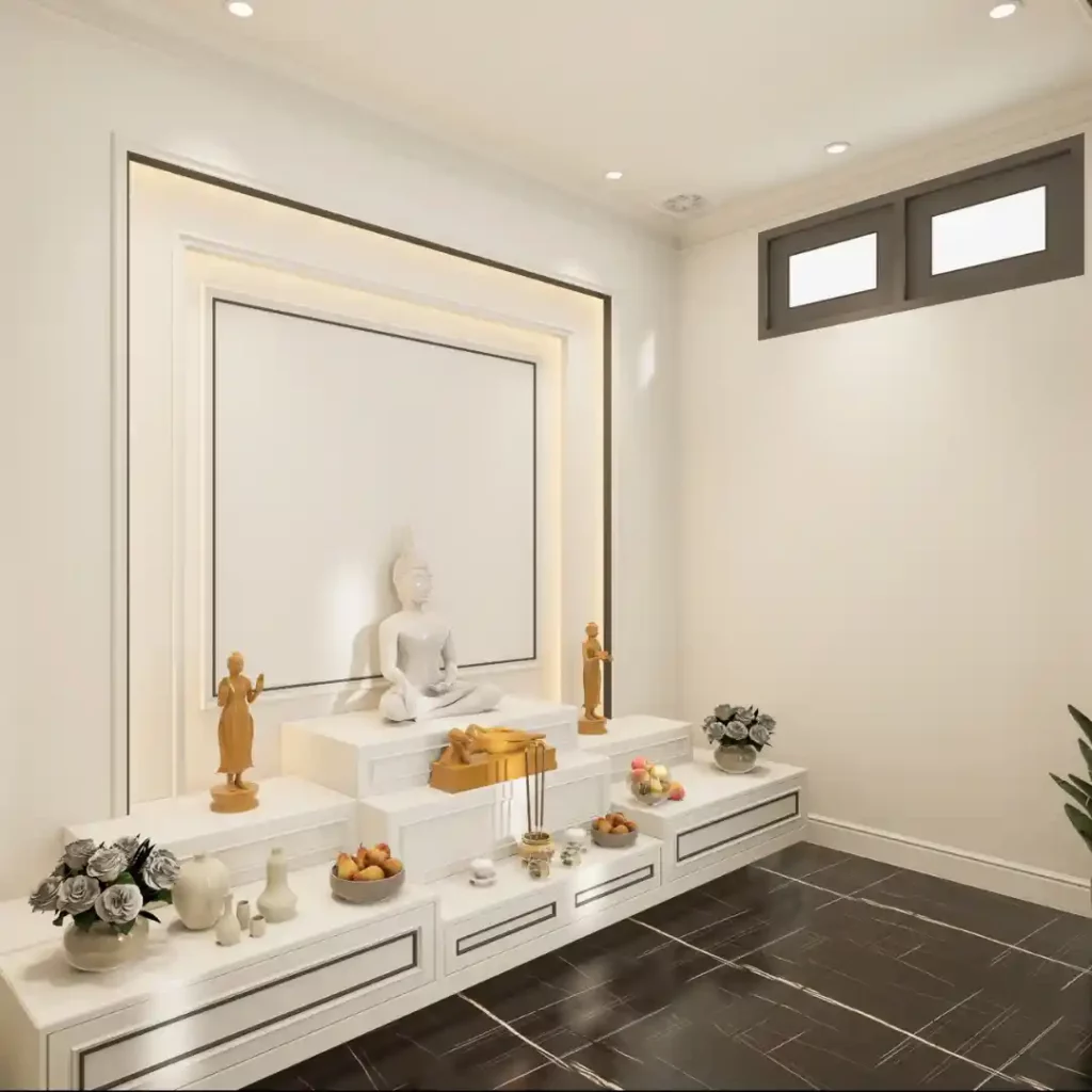 Minimalist meditation room with Buddha statue, white shelves, LED lighting, and black tile floor — serene modern spiritual space