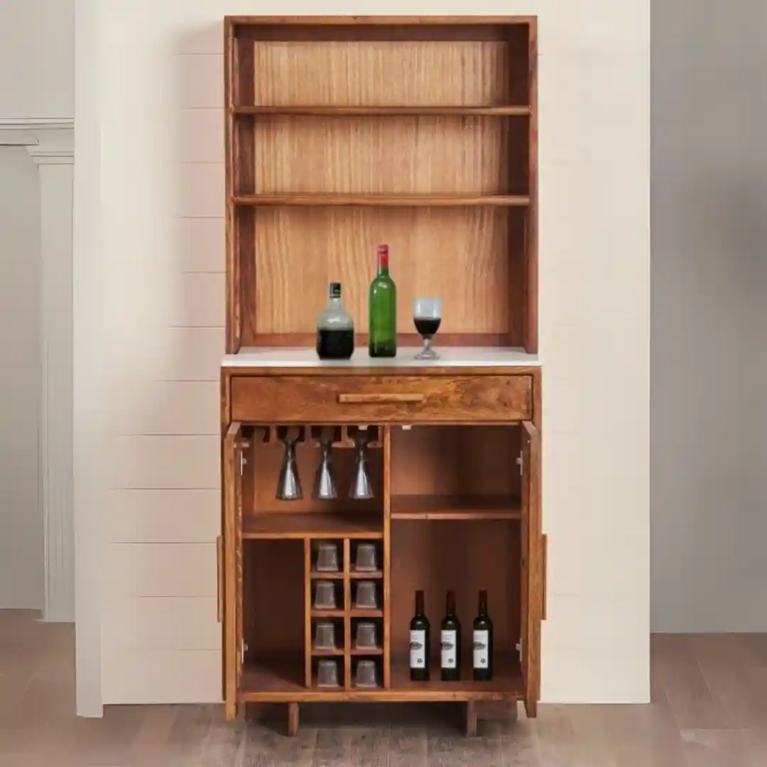 Wooden bar cabinet with wine rack and glass storage.