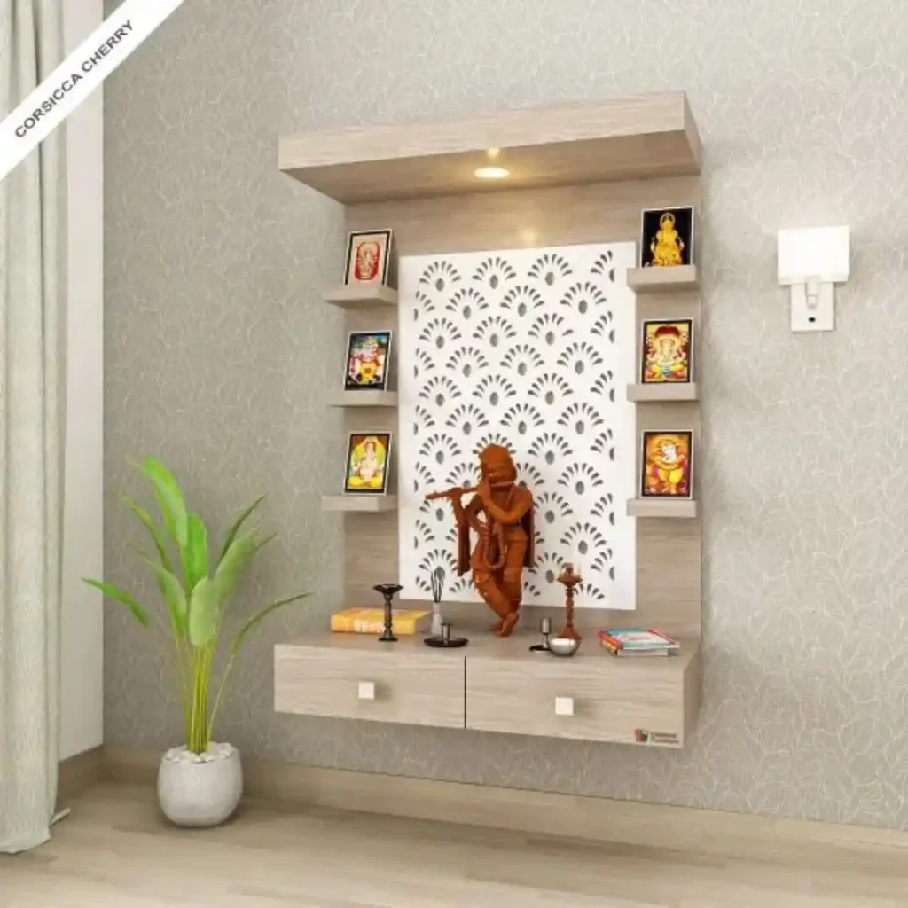Modern wall-mounted temple with Krishna idol and decorative panels