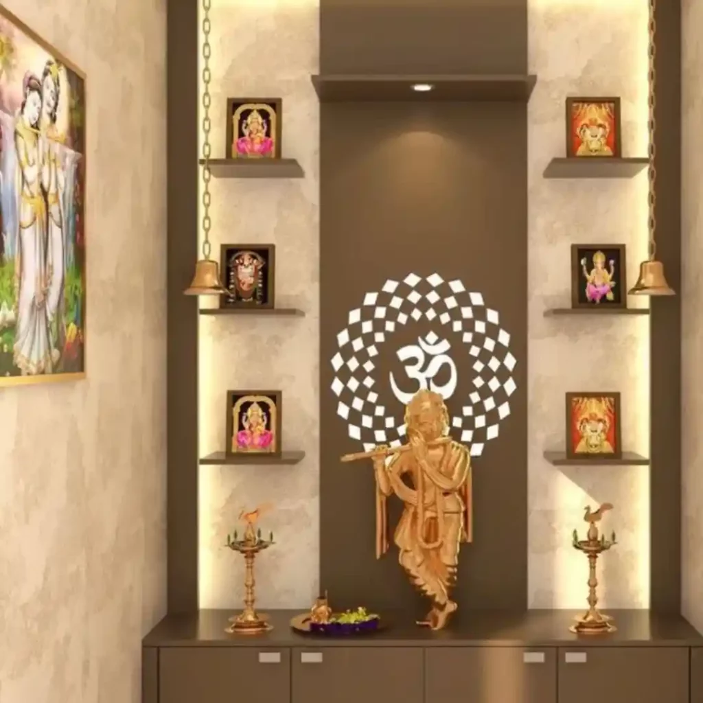 Elegant home temple with golden Krishna idol and Om projection