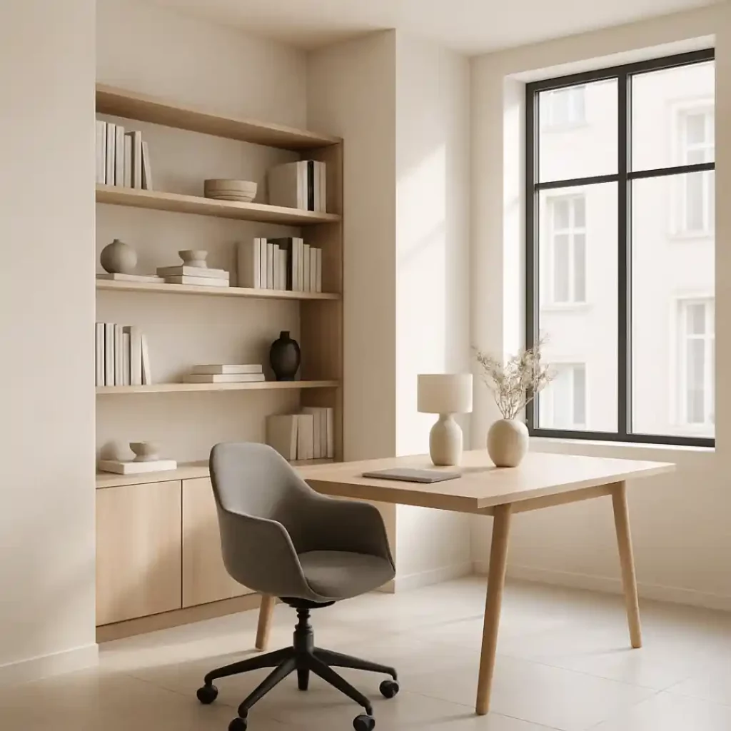 Minimalist home office with wooden desk, bookshelf, gray chair, natural light, and neutral decor — modern workspace design