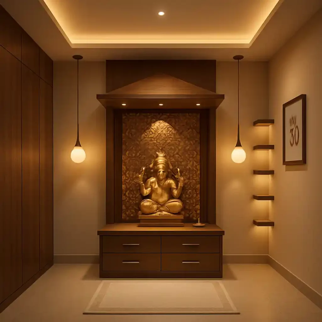 Modern home temple with golden Ganesha idol and warm lighting.