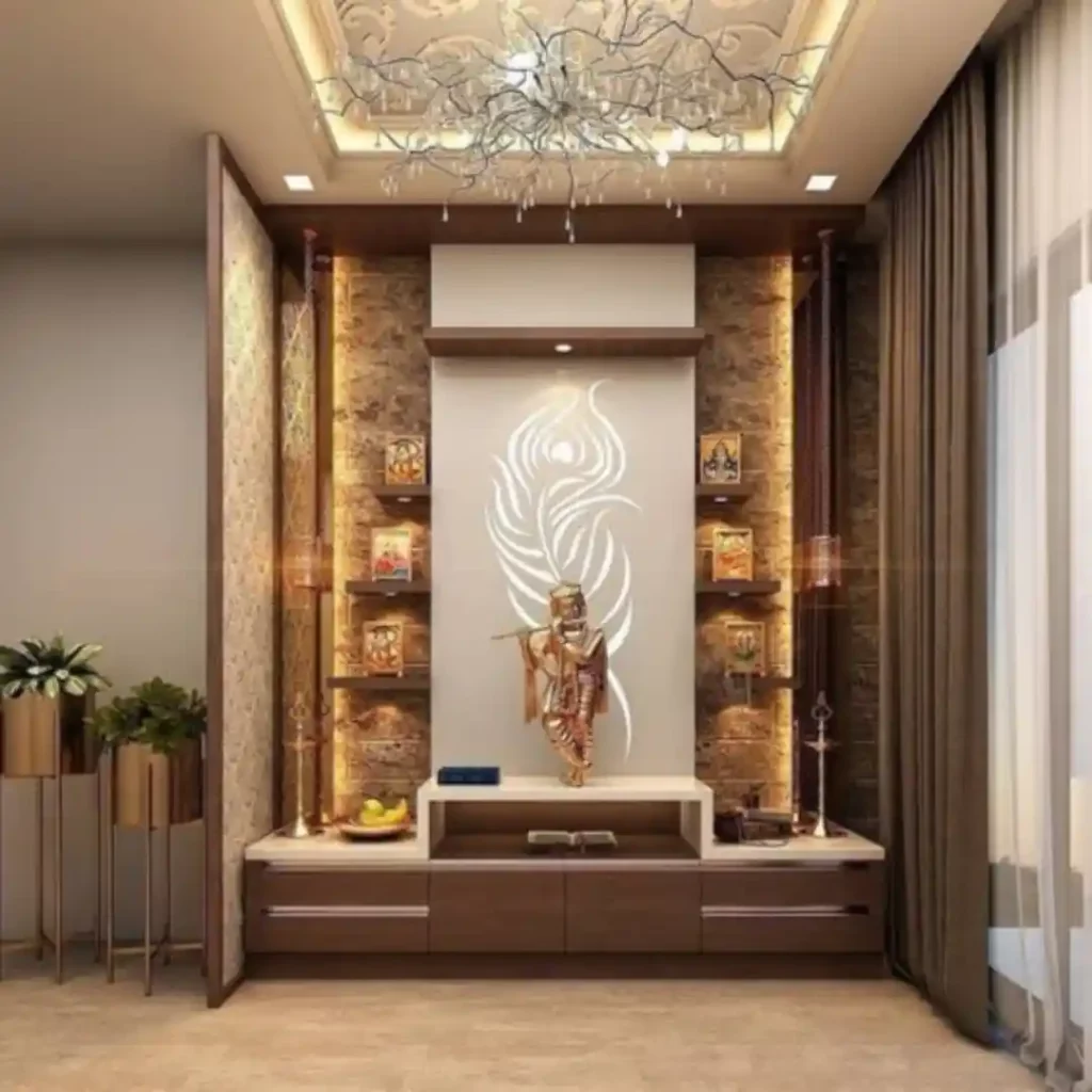 Elegant home temple with illuminated deity statue and shelves.