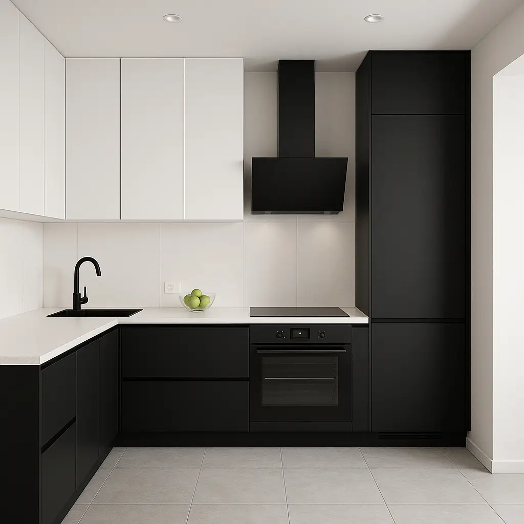 Kitchen with open shelving and under-cabinet lighting — modern design for small spaces in Noida — stylish and practical storage solution