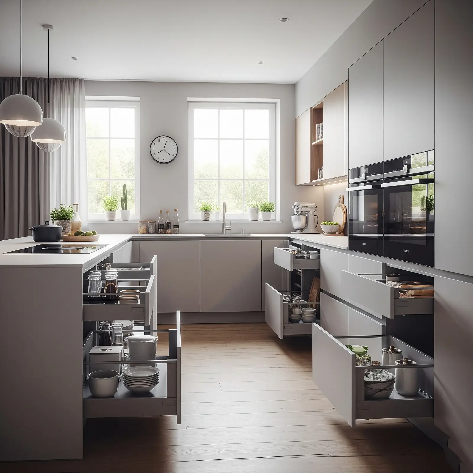 Modern kitchen with smart storage, open drawers, and sleek gray cabinetry, ideal for homes in Delhi NCR