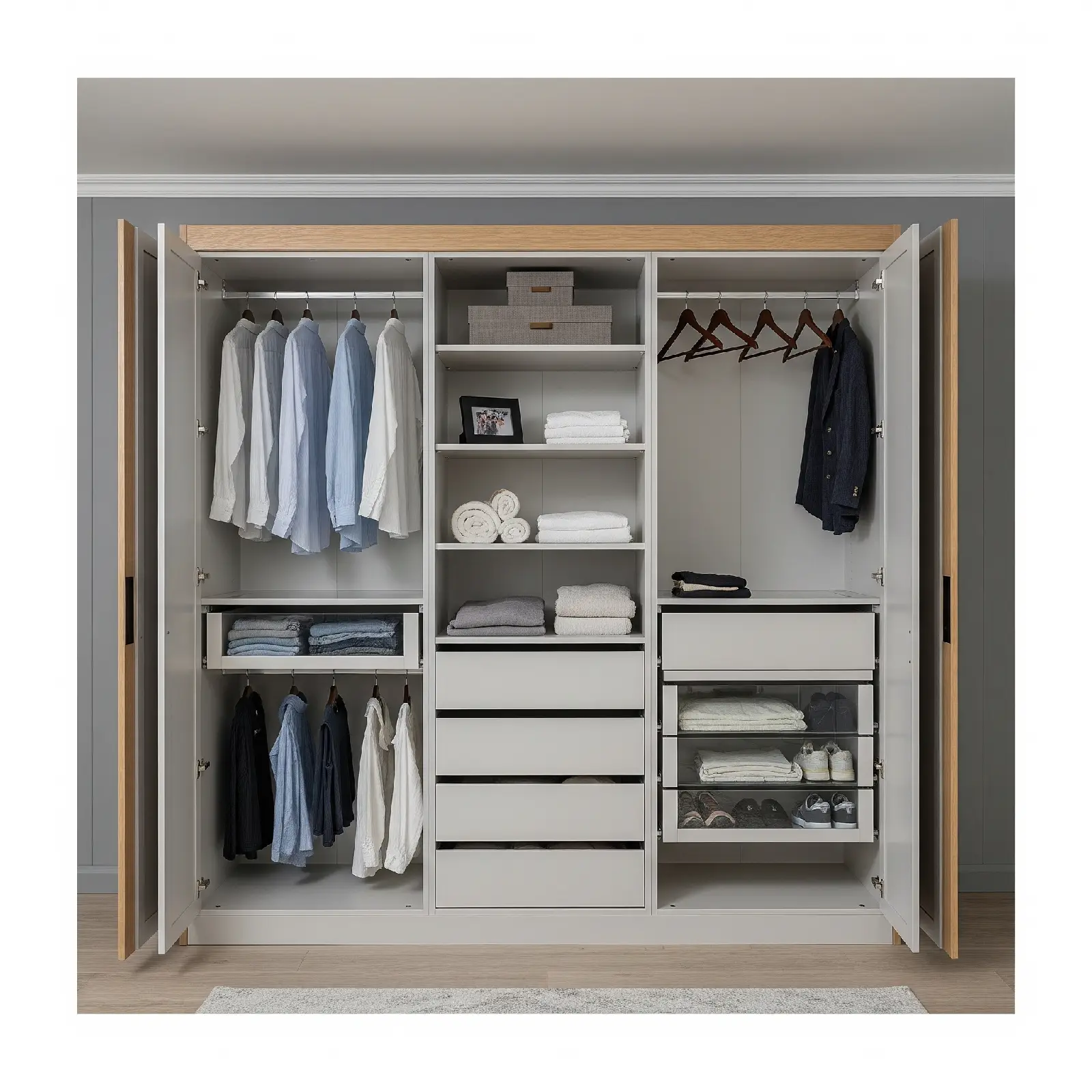 Modern wardrobe with open doors, showing organized clothing, drawers, and shelves, ideal for homes in Delhi
