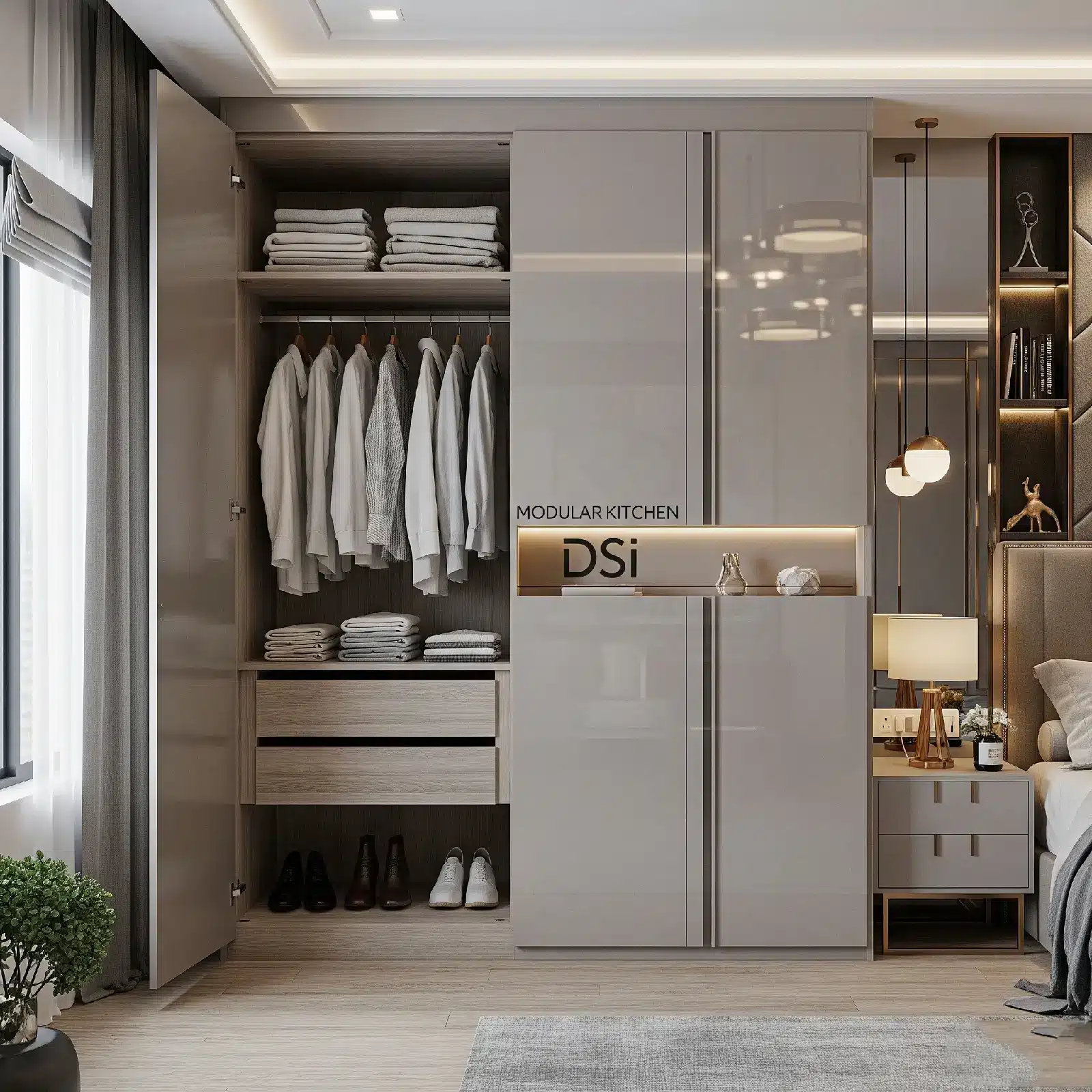 Modern wardrobe with sleek gray doors, built-in lighting, and organized storage, ideal for homes in Delhi, Gurgaon, and Noida.