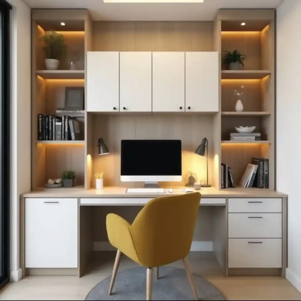 Modern home office study unit with built-in desk, cabinets, shelves, LED lighting, and yellow chair — sleek workspace design