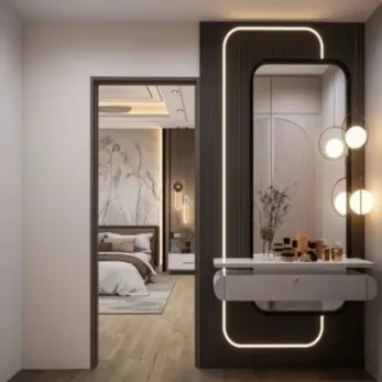 Modern vanity with LED mirror, floating table, pendant lights, and dark wood panel — sleek bedroom design