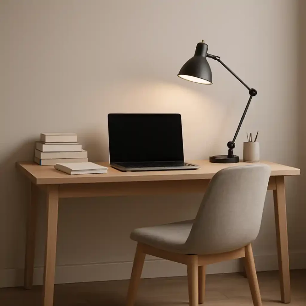 Minimalist home office desk with wooden table, laptop, black task lamp, books, and neutral chair — modern workspace design