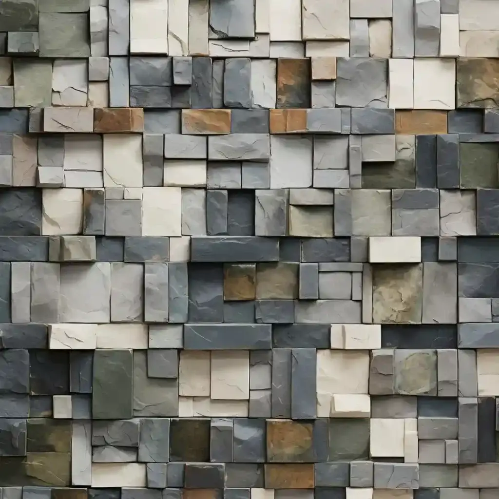 Modern stone mosaic wall with textured tiles in neutral tones, ideal for interior design in Delhi, Gurgaon, and Noida