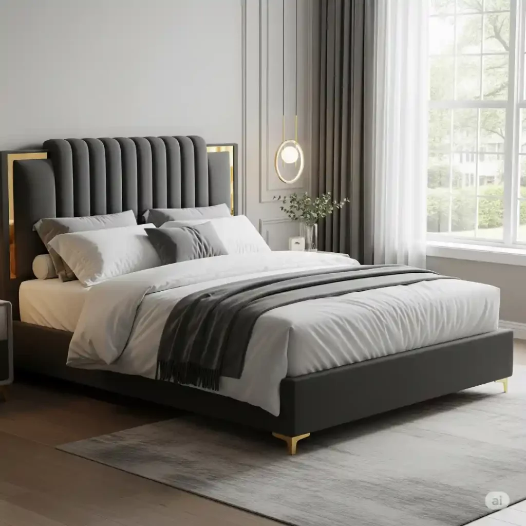 Modern bed with gray tufted headboard, gold accents, white bedding, and large window — elegant bedroom design