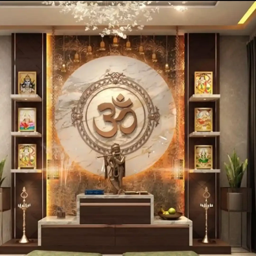 Luxurious modern pooja room with Om symbol, Krishna idol, marble backdrop, and warm LED lighting — elegant Indian prayer space
