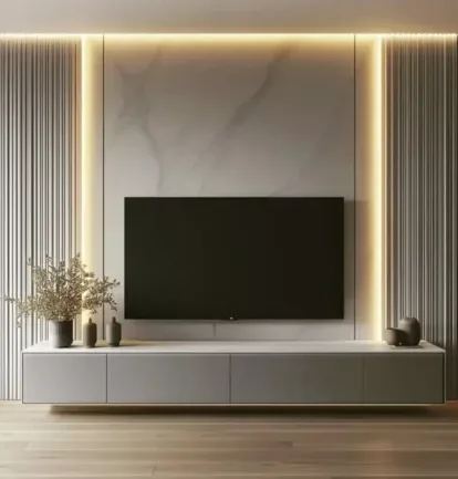 Modern TV wall unit with marble panel and LED lighting — minimalist design for elegant homes in Delhi NCR — serene and stylish living room experience
