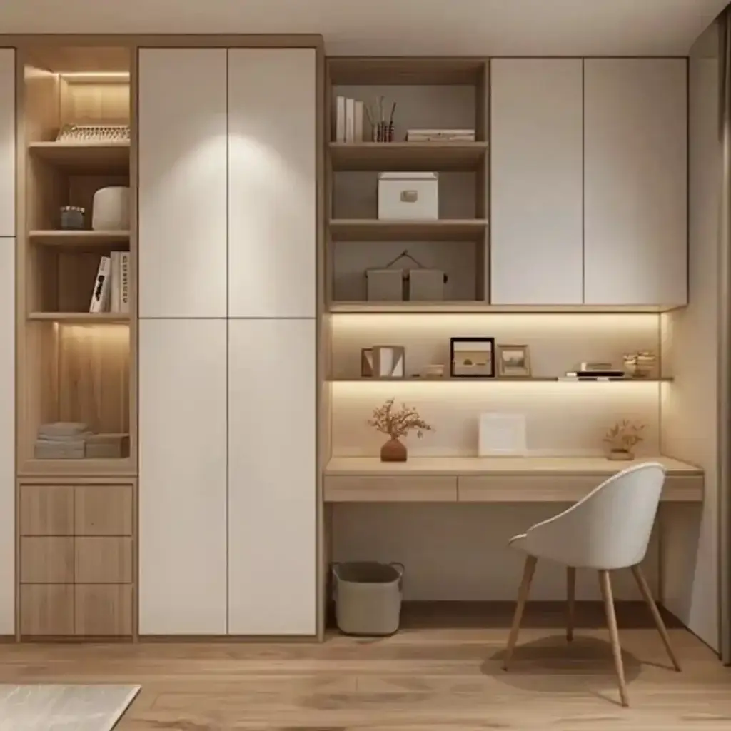 Modern built-in study unit with wooden desk, LED lighting, open shelves, white chair, and minimalist design — elegant home office