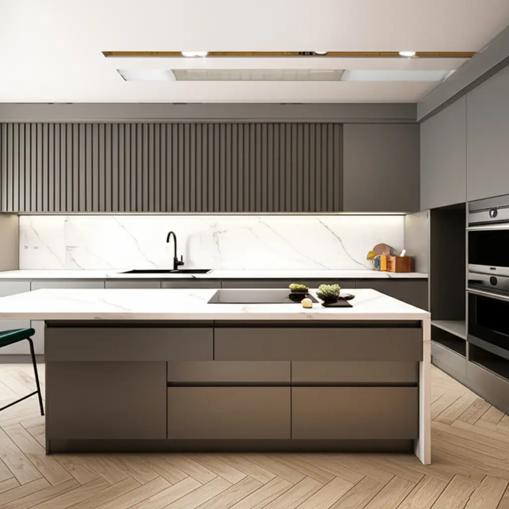 Modern kitchen with gray cabinets, marble backsplash, island, herringbone flooring, and hidden lighting — sleek minimalist design