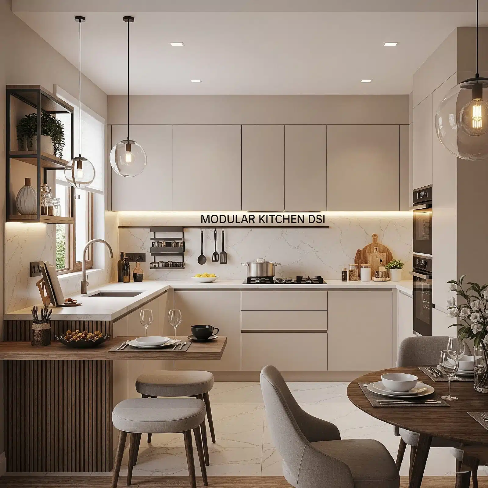 Modern modular kitchen with beige cabinets, marble backsplash, island, pendant lights, and dining area — sleek design