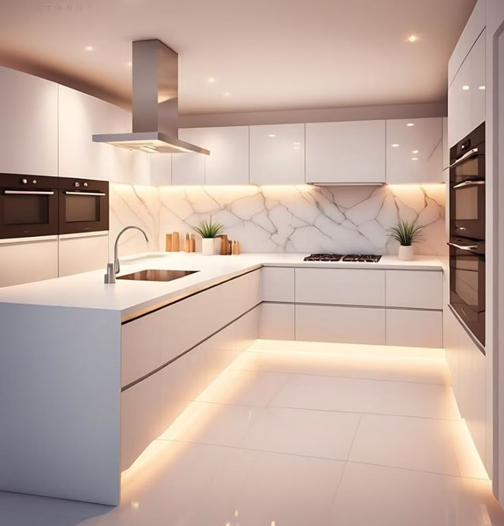 Small modular kitchen design in Delhi apartment — L-shaped layout with under-cabinet lighting — smart space utilization for compact urban living