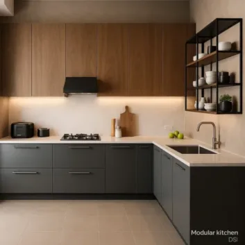 Modern kitchen with dark cabinets, beige countertops, and wood paneling — warm, stylish design for urban homes in Gurgaon — cozy and functional cooking space”