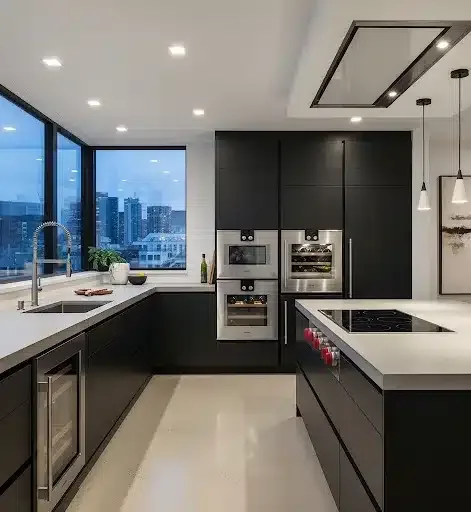 “Modern modular kitchen with sleek black cabinets and stainless steel appliances — luxury design for high-rise apartments in Delhi — sophisticated, efficient cooking experience”