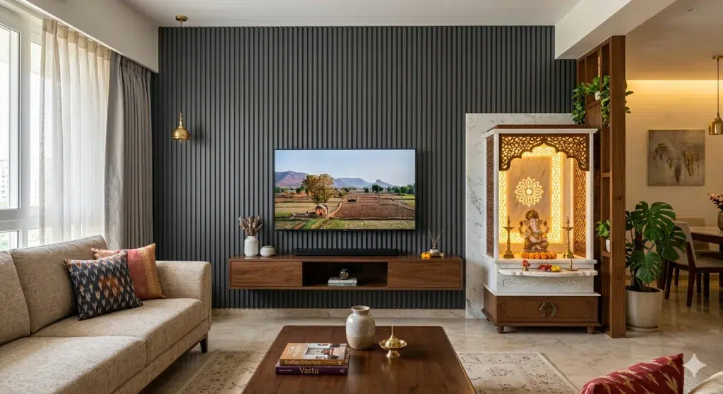 Contemporary Indian living room design featuring a statement TV unit wall with charcoal grey vertical fluted louvers, a floating wooden console, and a compact modern white marble pooja mandir with intricate CNC jaali woodwork and warm ambient backlighting.