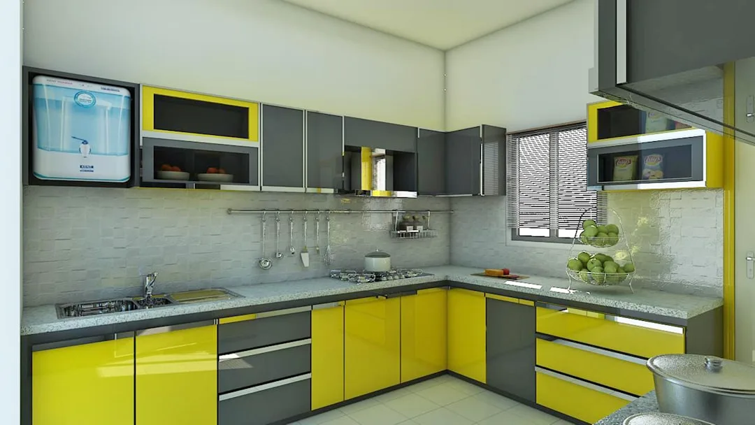 Modern modular kitchen design with gray and yellow cabinets
